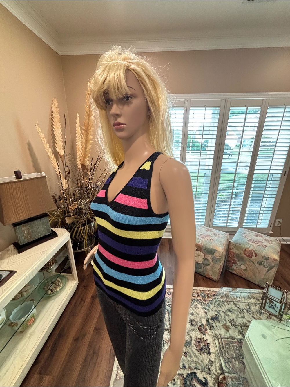 Striped V-Neck Knit Tank Top in Multi-Color